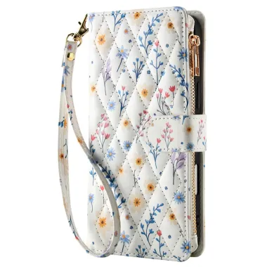Housse iPhone 16 Plus marguerites bleues matelassé zippée avec bandoulière