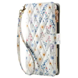 Housse iPhone 16 Plus marguerites bleues matelassé zippée avec bandoulière
