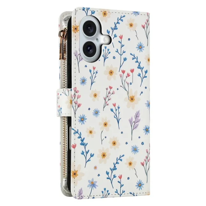 Housse iPhone 16 Plus marguerites bleues matelassé zippée avec bandoulière