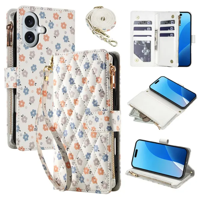 Housse iPhone 16 Plus petites fleurs tricolores matelassé zippée avec bandoulière