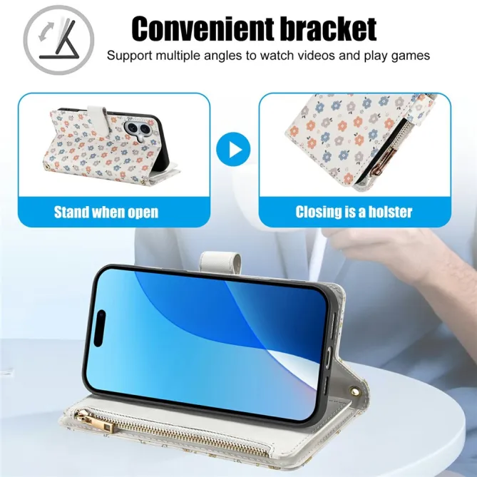 Housse iPhone 16 Plus petites fleurs tricolores matelassé zippée avec bandoulière