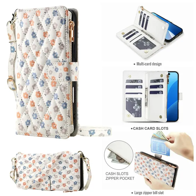 Housse iPhone 16 Plus petites fleurs tricolores matelassé zippée avec bandoulière