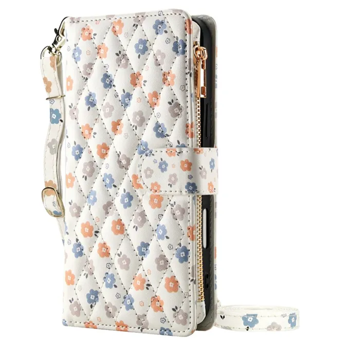 Housse iPhone 16 Plus petites fleurs tricolores matelassé zippée avec bandoulière