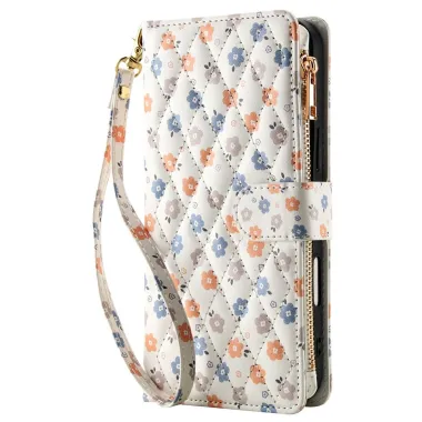 Housse iPhone 16 Plus petites fleurs tricolores matelassé zippée avec bandoulière