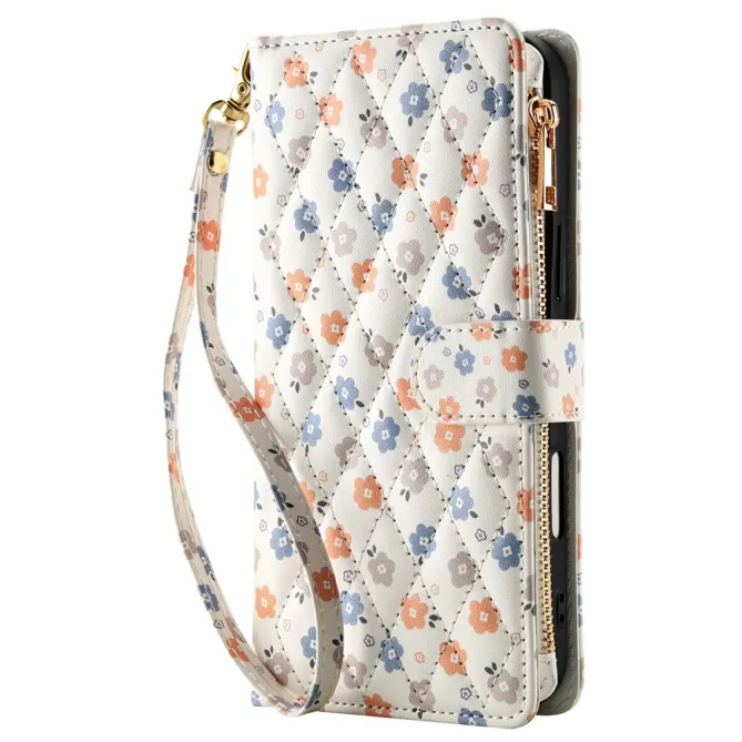 Housse iPhone 16 Plus petites fleurs tricolores matelassé zippée avec bandoulière
