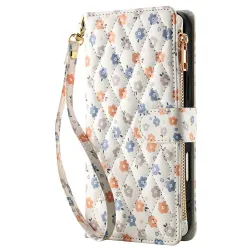 Housse iPhone 16 Plus petites fleurs tricolores matelassé zippée avec bandoulière