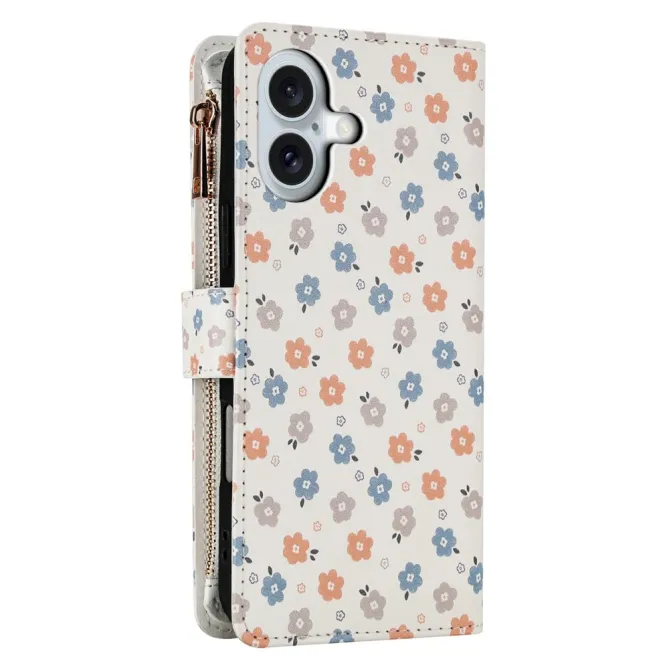 Housse iPhone 16 Plus petites fleurs tricolores matelassé zippée avec bandoulière
