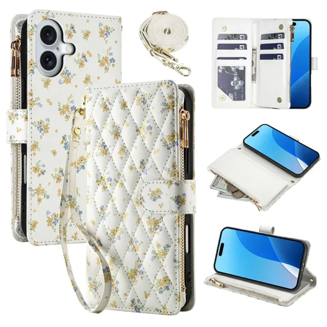 Housse iPhone 16 Plus bouquets jaunes matelassé zippée avec bandoulière