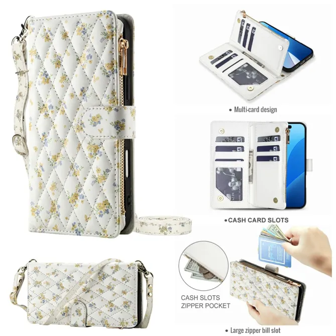 Housse iPhone 16 Plus bouquets jaunes matelassé zippée avec bandoulière