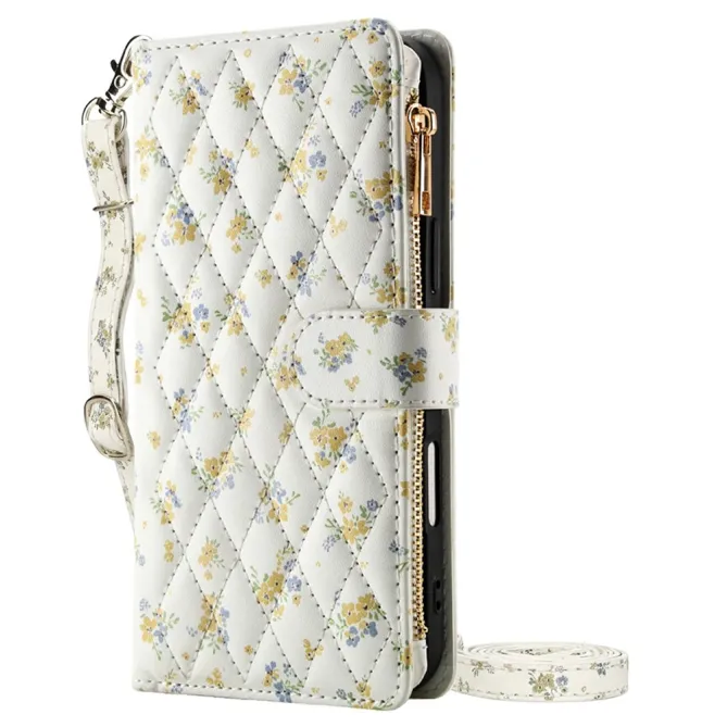 Housse iPhone 16 Plus bouquets jaunes matelassé zippée avec bandoulière