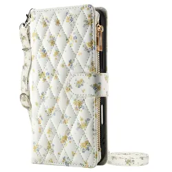 Housse iPhone 16 Plus bouquets jaunes matelassé zippée avec bandoulière