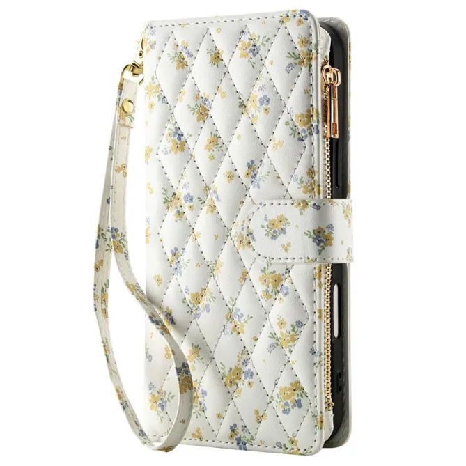 Housse iPhone 16 Plus bouquets jaunes matelassé zippée avec bandoulière