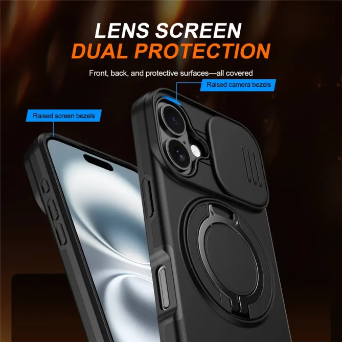 Coque iPhone 16 Plus magnétique cache caméra coulissant anneau rotatif