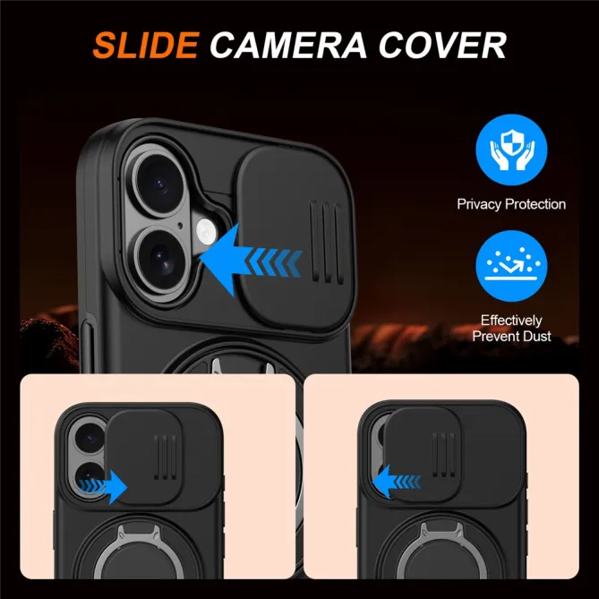 Coque iPhone 16 Plus magnétique cache caméra coulissant anneau rotatif