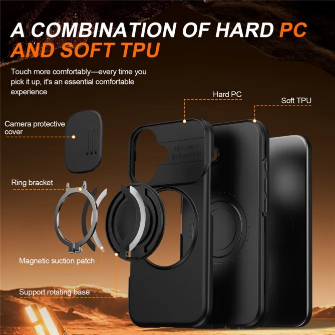 Coque iPhone 16 Plus magnétique cache caméra coulissant anneau rotatif