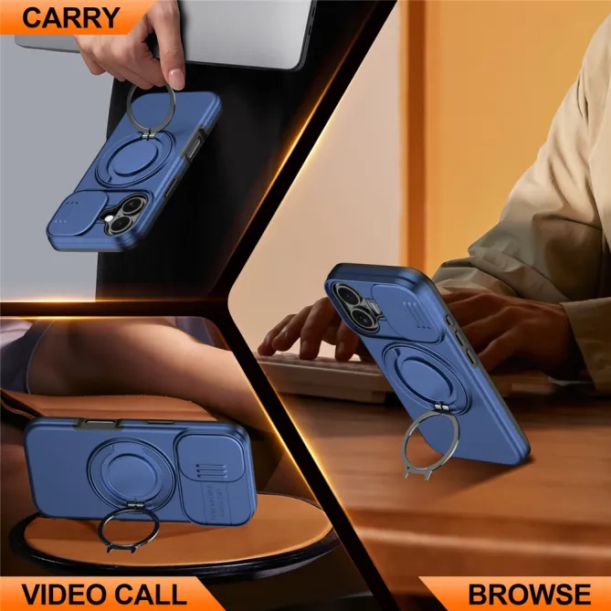 Coque iPhone 16 Plus magnétique cache caméra coulissant anneau rotatif