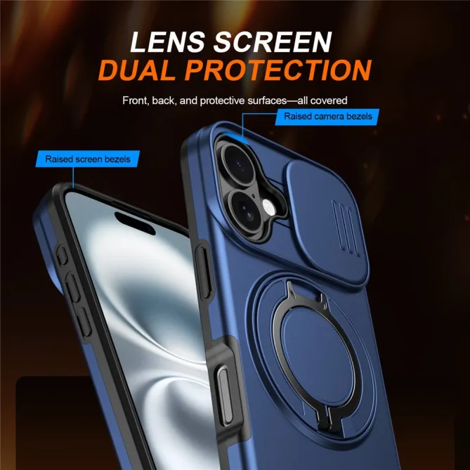 Coque iPhone 16 Plus magnétique cache caméra coulissant anneau rotatif