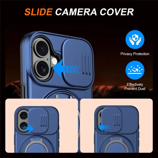 Coque iPhone 16 Plus magnétique cache caméra coulissant anneau rotatif