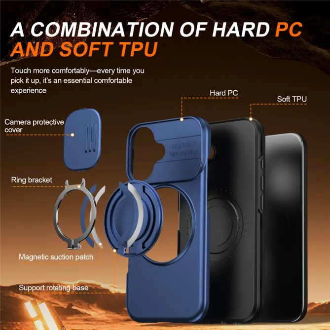 Coque iPhone 16 Plus magnétique cache caméra coulissant anneau rotatif