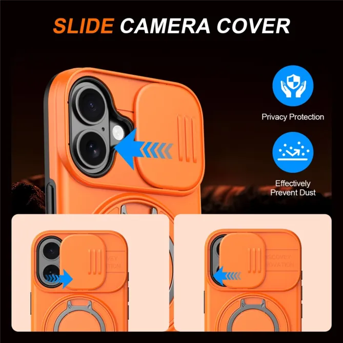 Coque iPhone 16 Plus magnétique cache caméra coulissant anneau rotatif