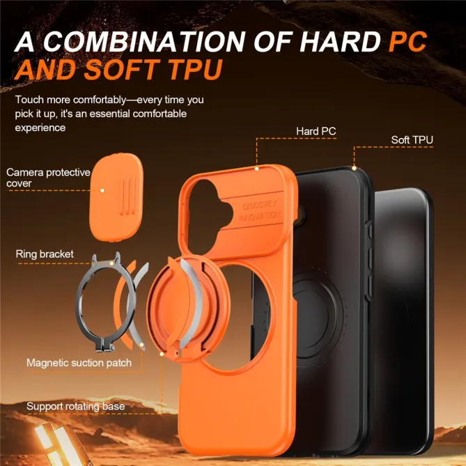 Coque iPhone 16 Plus magnétique cache caméra coulissant anneau rotatif