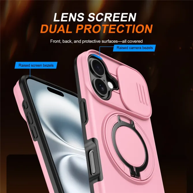Coque iPhone 16 Plus magnétique cache caméra coulissant anneau rotatif