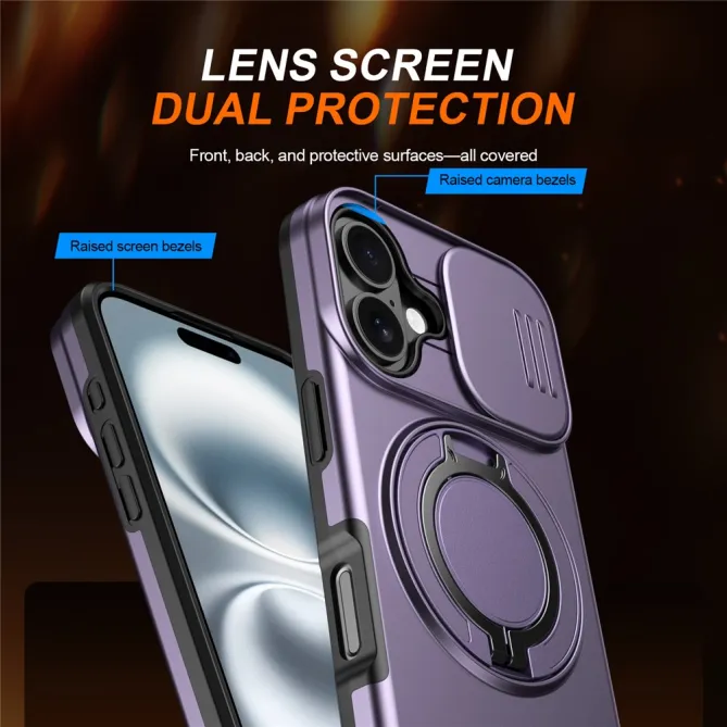 Coque iPhone 16 Plus magnétique cache caméra coulissant anneau rotatif