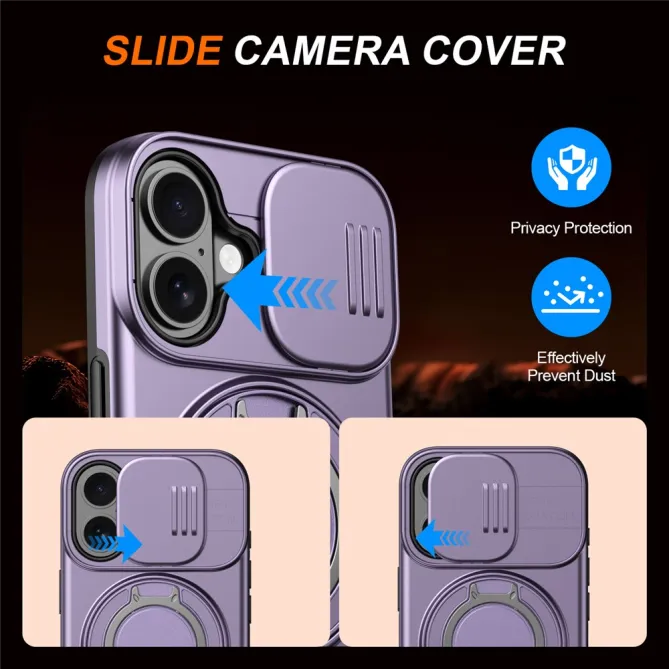 Coque iPhone 16 Plus magnétique cache caméra coulissant anneau rotatif
