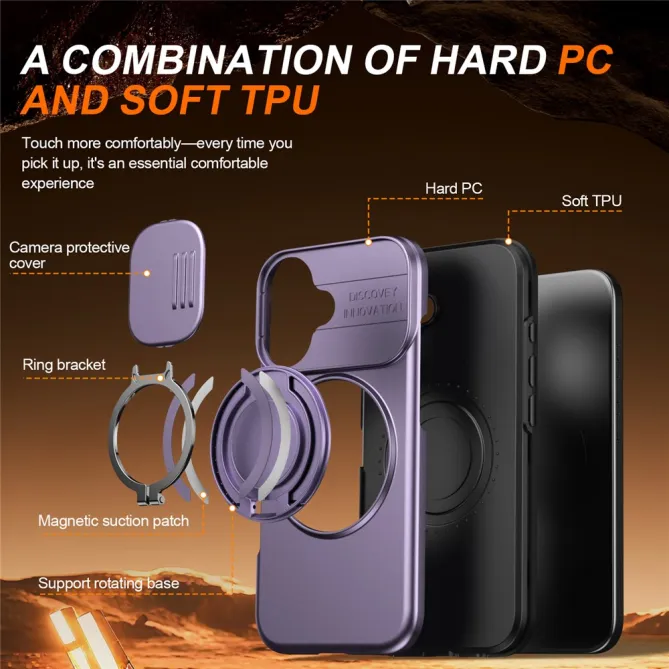 Coque iPhone 16 Plus magnétique cache caméra coulissant anneau rotatif