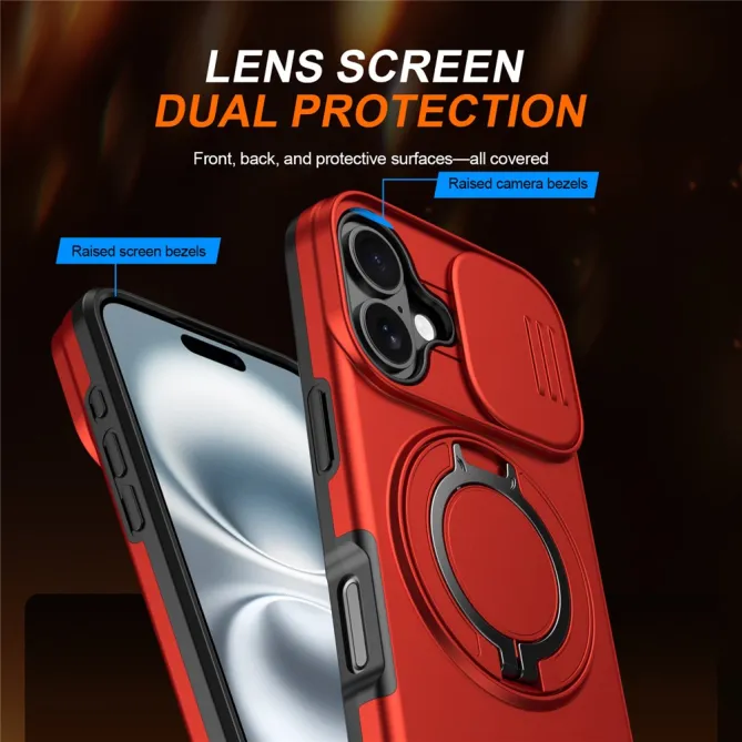 Coque iPhone 16 Plus magnétique cache caméra coulissant anneau rotatif