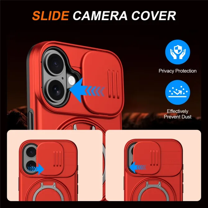 Coque iPhone 16 Plus magnétique cache caméra coulissant anneau rotatif
