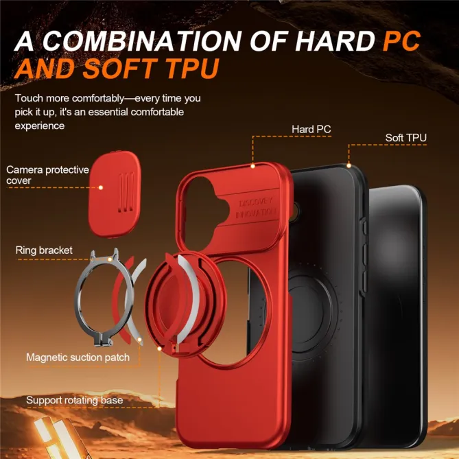 Coque iPhone 16 Plus magnétique cache caméra coulissant anneau rotatif