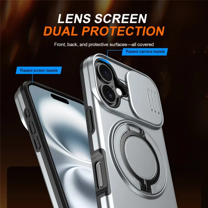 Coque iPhone 16 Plus magnétique cache caméra coulissant anneau rotatif