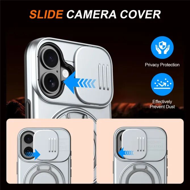 Coque iPhone 16 Plus magnétique cache caméra coulissant anneau rotatif