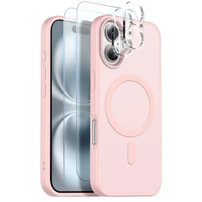Coque iPhone 16 Plus magnétique mate pack 5 en 1 avec 2 verres trempés et 2 films objectifs