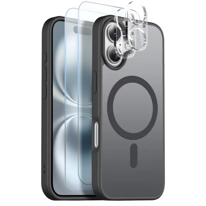 Coque iPhone 16 Plus magnétique mate pack 5 en 1 avec 2 verres trempés et 2 films objectifs