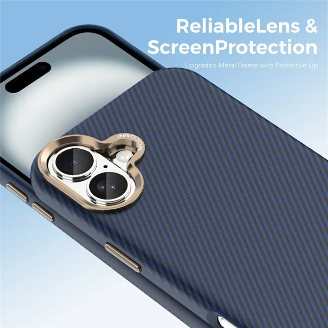 Coque iPhone 16 Plus texture carbone compatible MagSafe cadre caméra métal