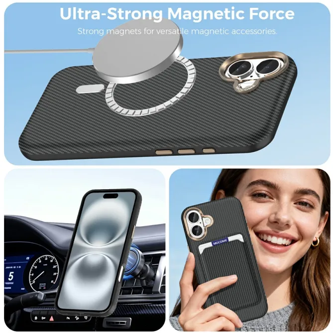 Coque iPhone 16 Plus texture carbone compatible MagSafe cadre caméra métal
