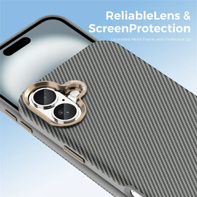 Coque iPhone 16 Plus texture carbone compatible MagSafe cadre caméra métal