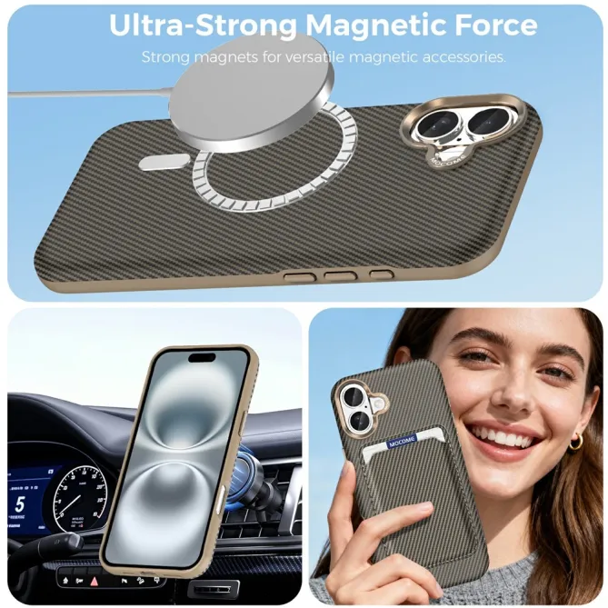Coque iPhone 16 Plus texture carbone compatible MagSafe cadre caméra métal
