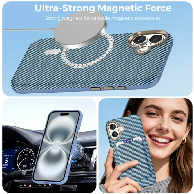 Coque iPhone 16 Plus texture carbone compatible MagSafe cadre caméra métal
