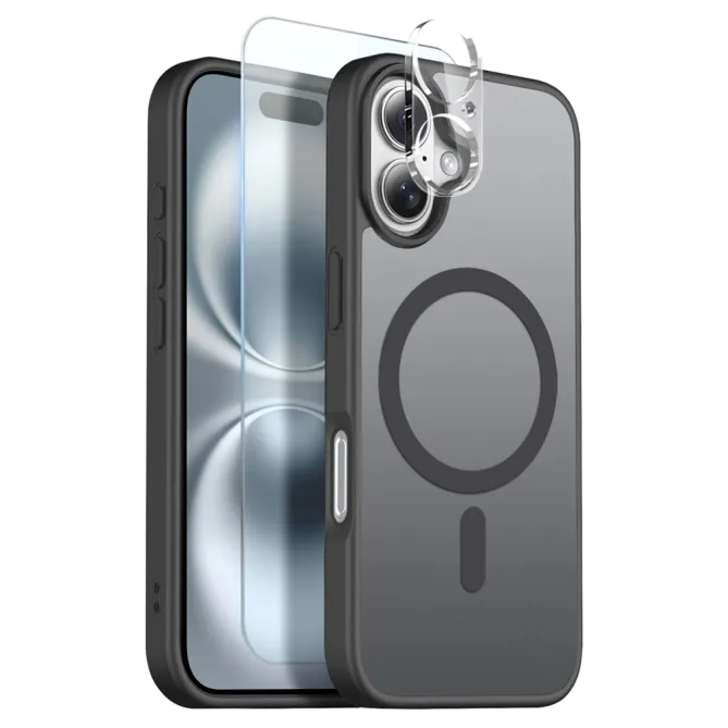 Coque iPhone 16 Plus magnétique mate dépoli pack 3 en 1 avec verre trempé et film objectifs