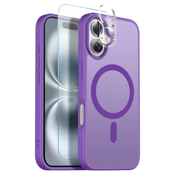 Coque iPhone 16 Plus magnétique mate dépoli pack 3 en 1 avec verre trempé et film objectifs