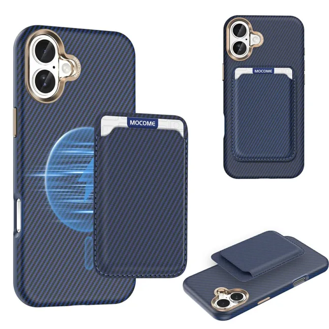 Coque iPhone 16 Plus texture carbone magnétique avec porte-cartes détachable