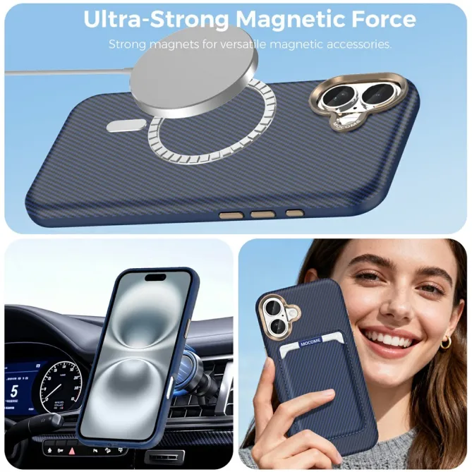 Coque iPhone 16 Plus texture carbone magnétique avec porte-cartes détachable