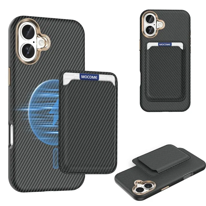 Coque iPhone 16 Plus texture carbone magnétique avec porte-cartes détachable