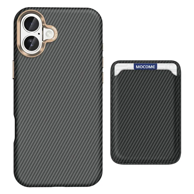 Coque iPhone 16 Plus texture carbone magnétique avec porte-cartes détachable