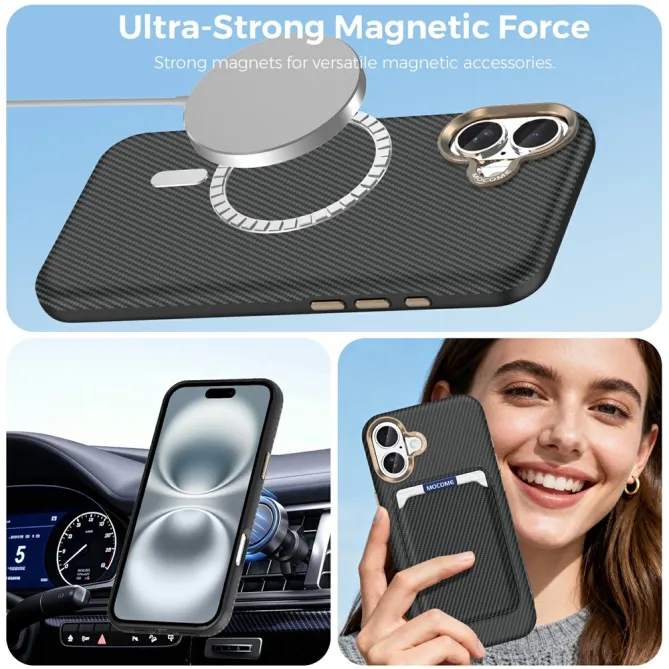 Coque iPhone 16 Plus texture carbone magnétique avec porte-cartes détachable