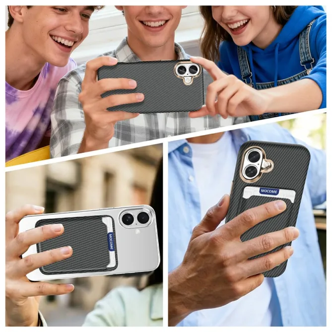 Coque iPhone 16 Plus texture carbone magnétique avec porte-cartes détachable