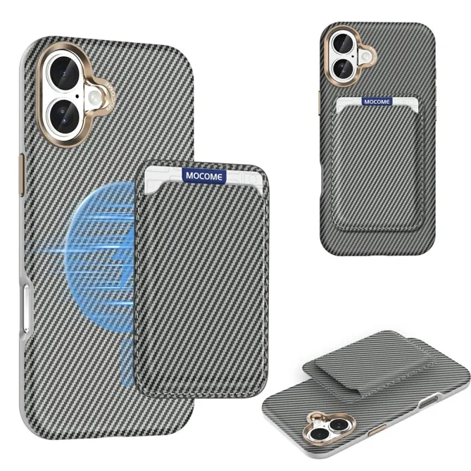 Coque iPhone 16 Plus texture carbone magnétique avec porte-cartes détachable